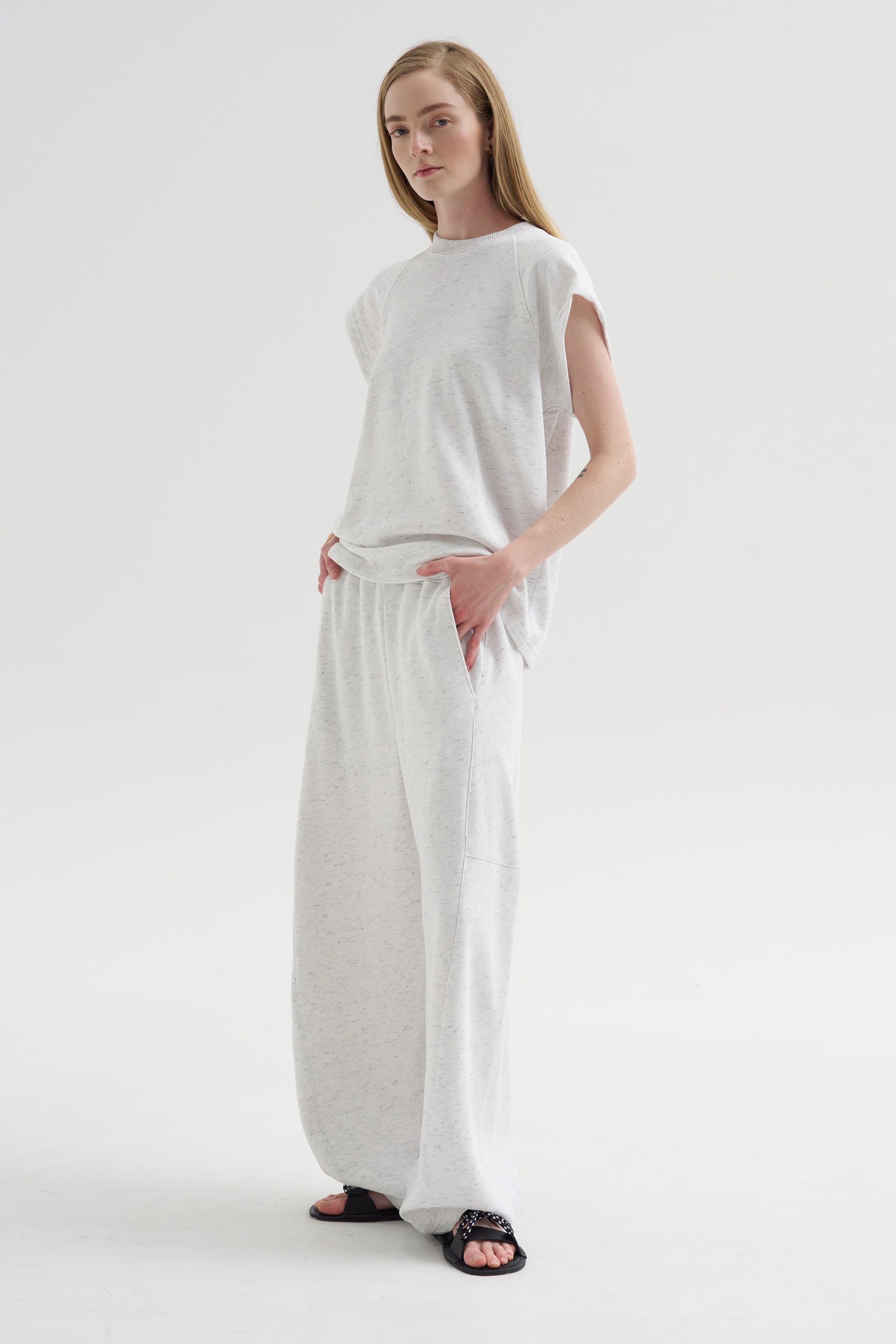 Spring Tweedy Sweatshirting Sleeveless Easy Top, White Multi