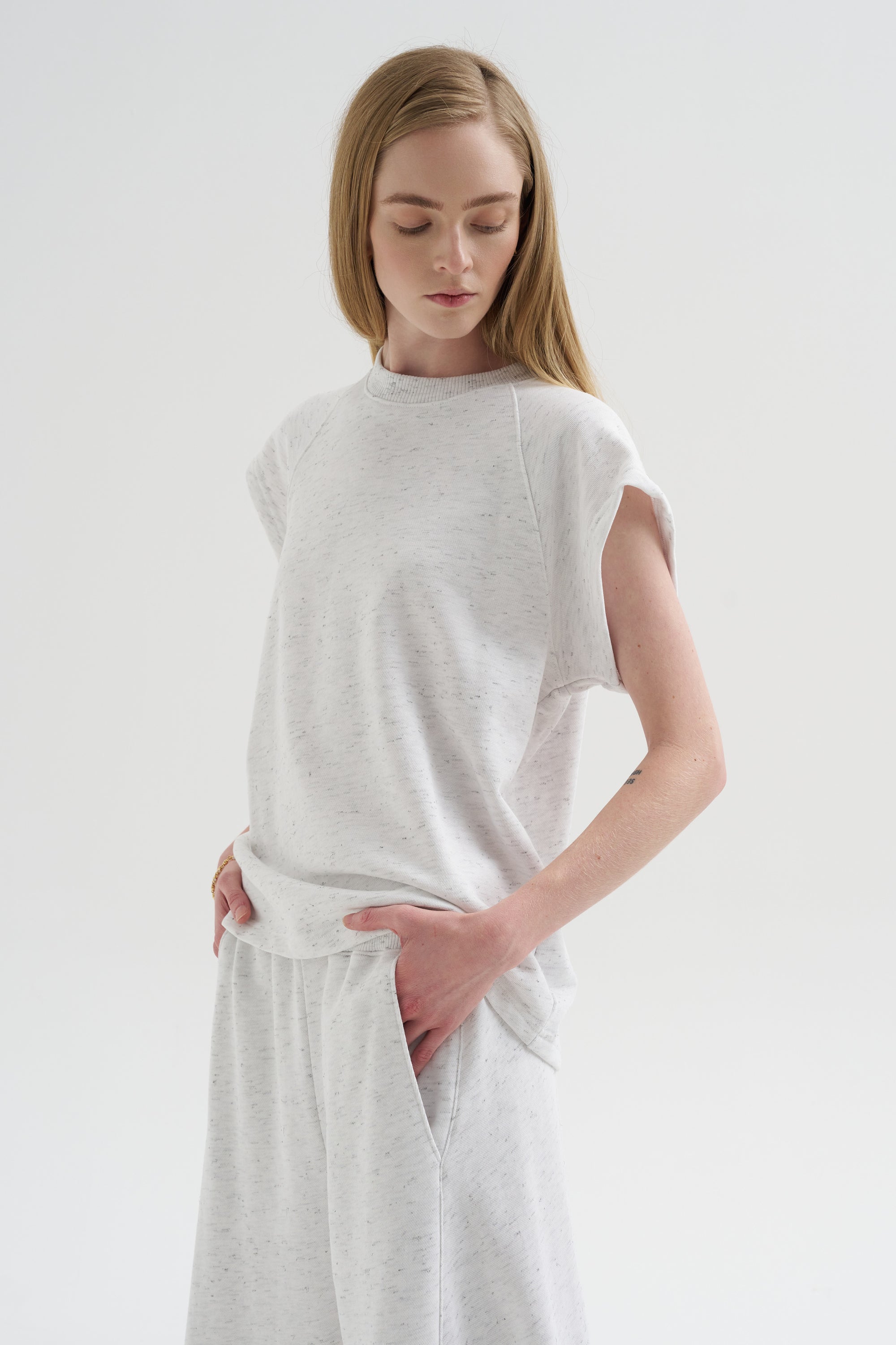 Spring Tweedy Sweatshirting Sleeveless Easy Top, White Multi