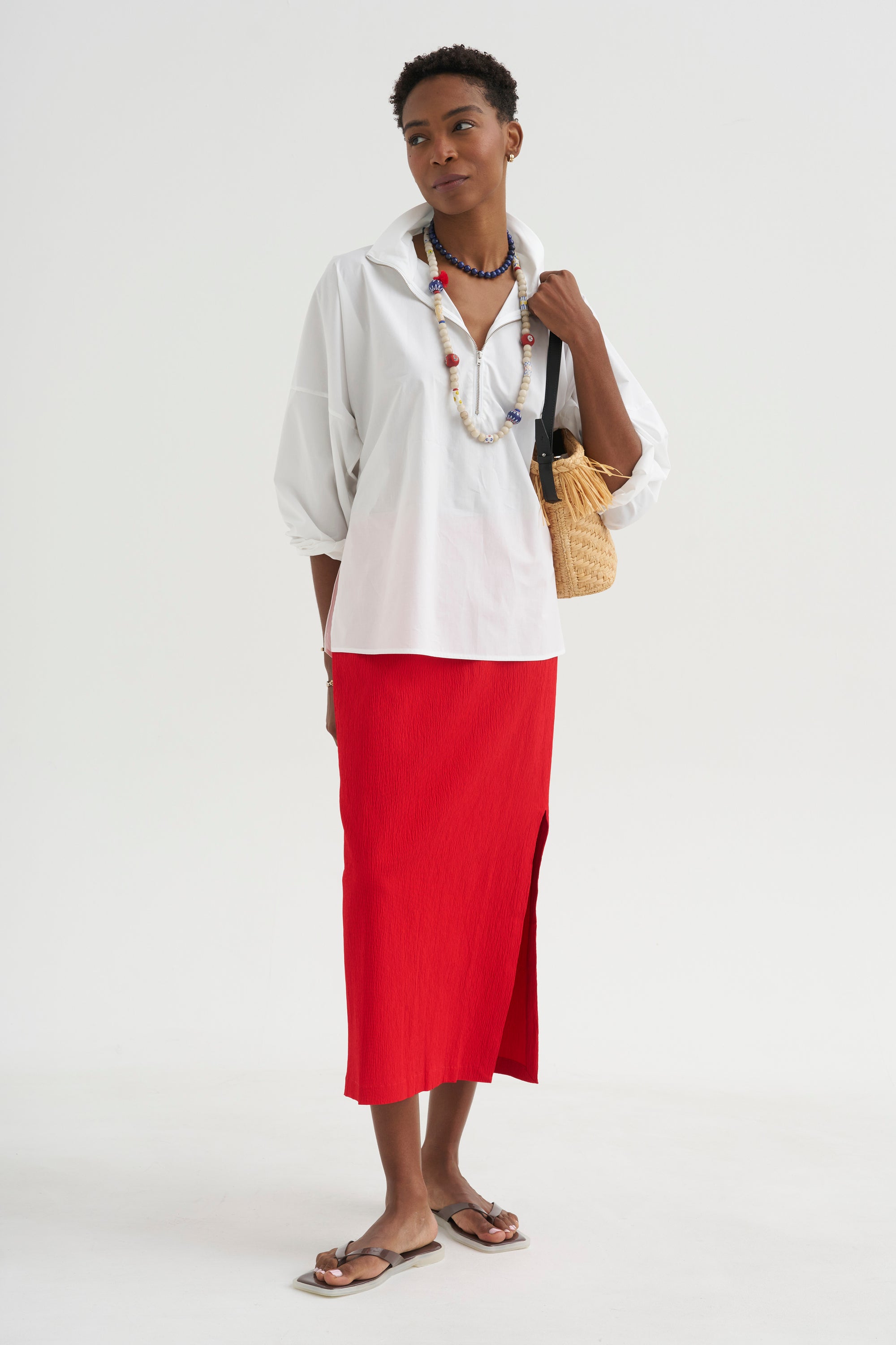 Creased Stretch Crepe Skirt, Red