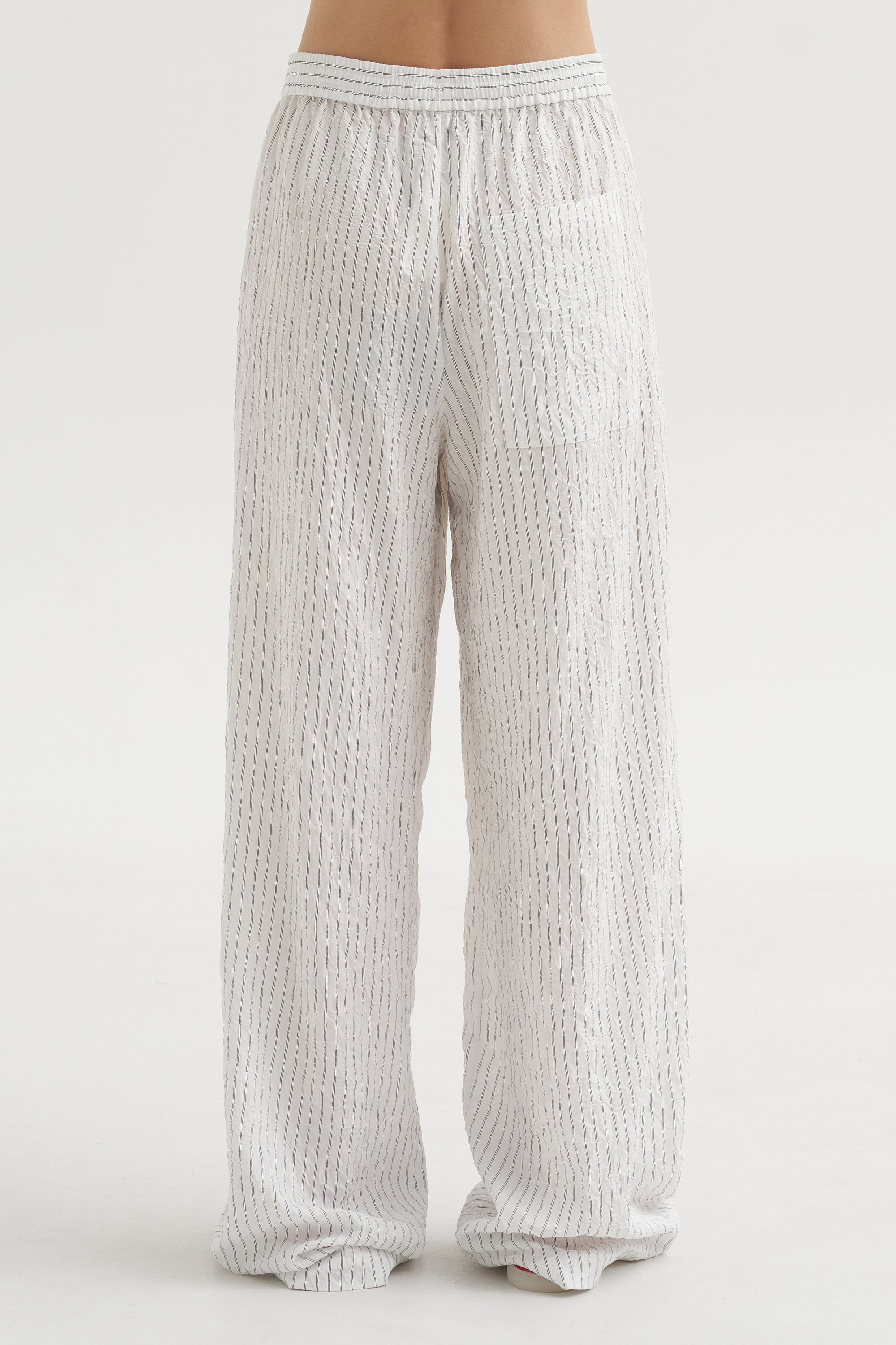 Crinkle Stripe Summer Suiting Wide Leg Pull On Pant, Ivory Multi