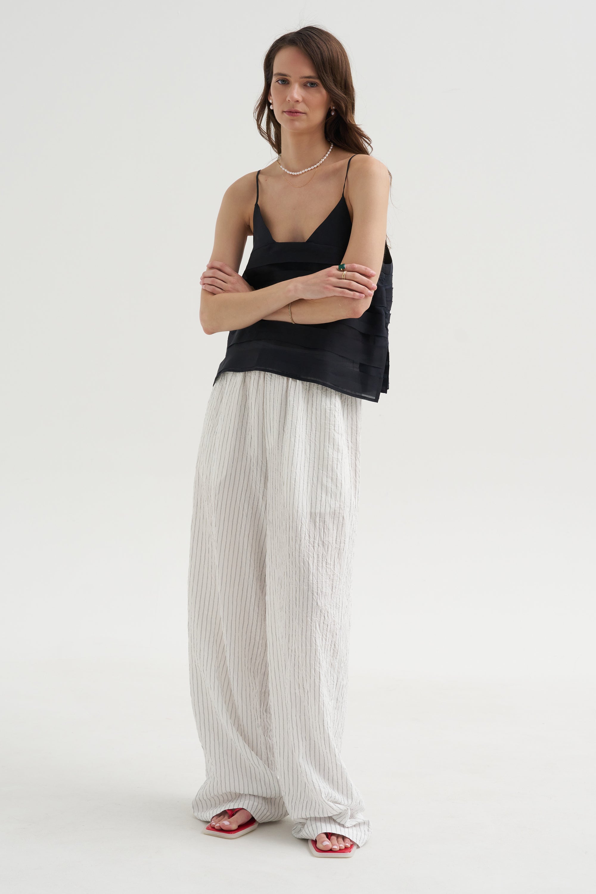 Crinkle Stripe Summer Suiting Wide Leg Pull On Pant, Ivory Multi