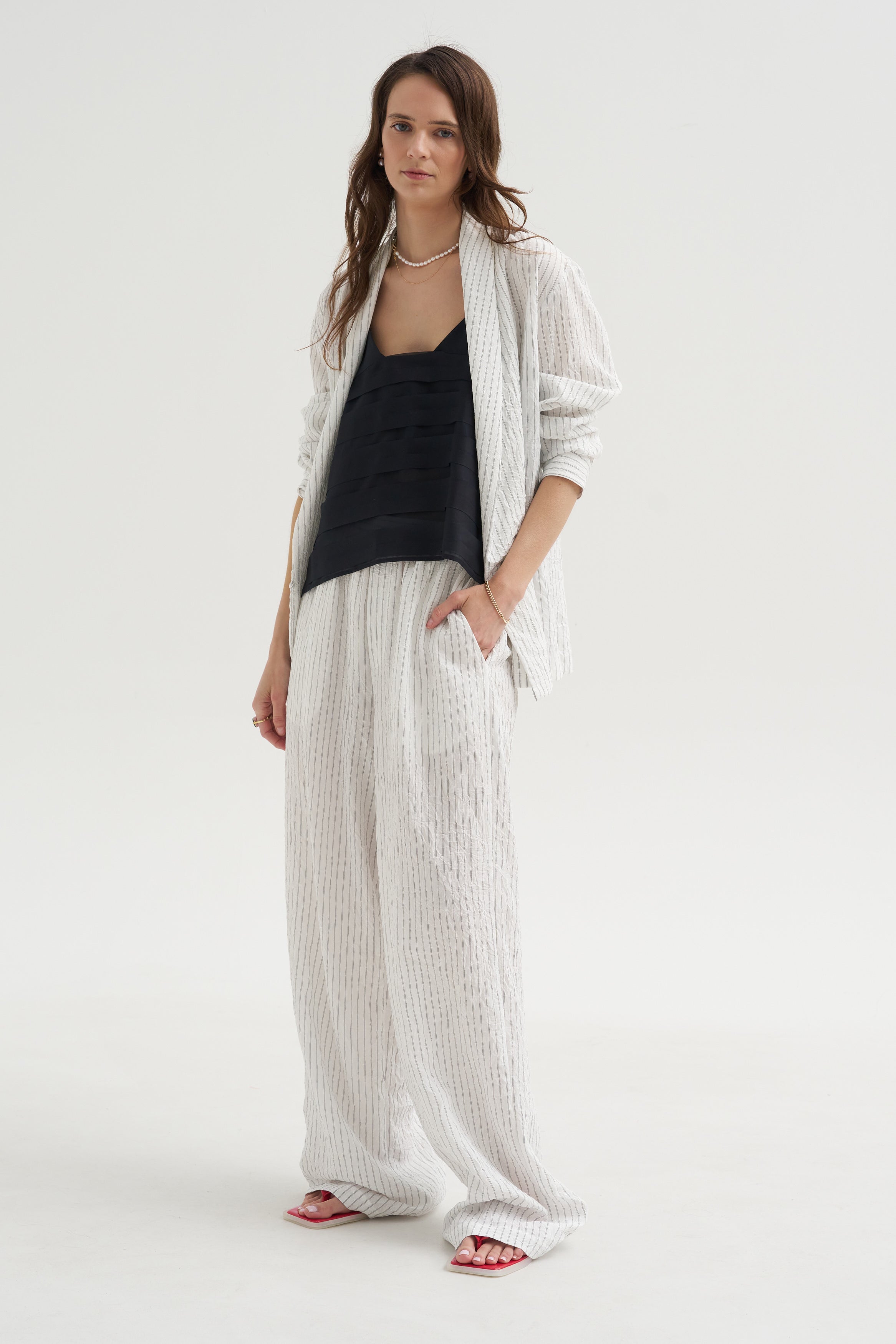 Crinkle Stripe Summer Suiting Wide Leg Pull On Pant, Ivory Multi