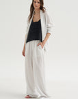 Crinkle Stripe Summer Suiting Wide Leg Pull On Pant, Ivory Multi