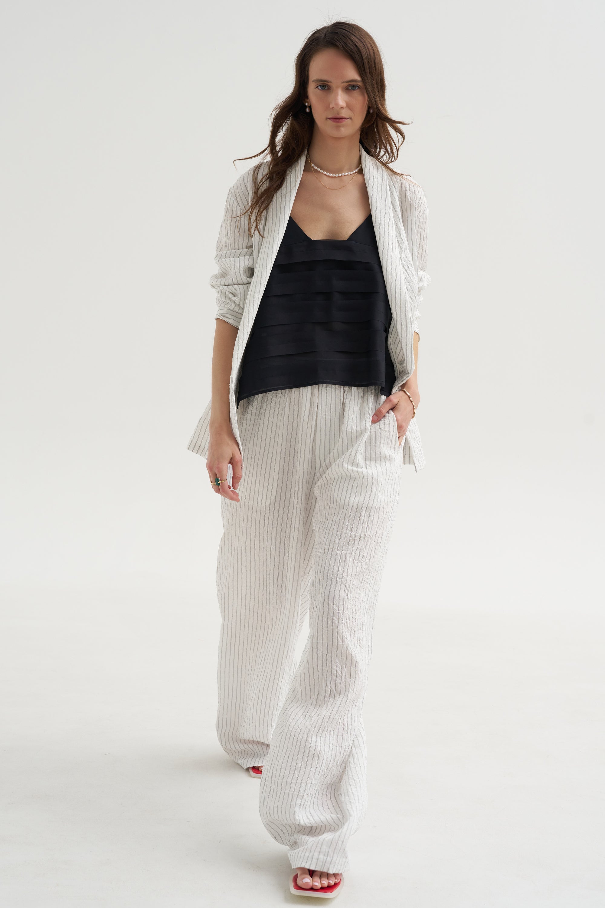 Crinkle Stripe Summer Suiting Wide Leg Pull On Pant, Ivory Multi