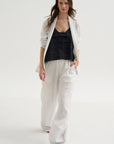 Crinkle Stripe Summer Suiting Wide Leg Pull On Pant, Ivory Multi