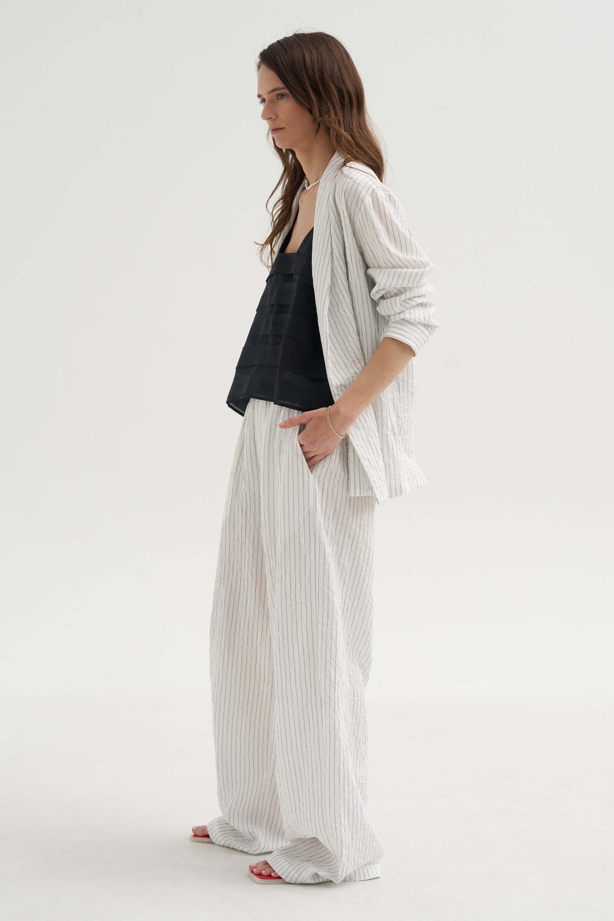 Crinkle Stripe Summer Suiting Wide Leg Pull On Pant, Ivory Multi