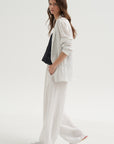 Crinkle Stripe Summer Suiting Wide Leg Pull On Pant, Ivory Multi