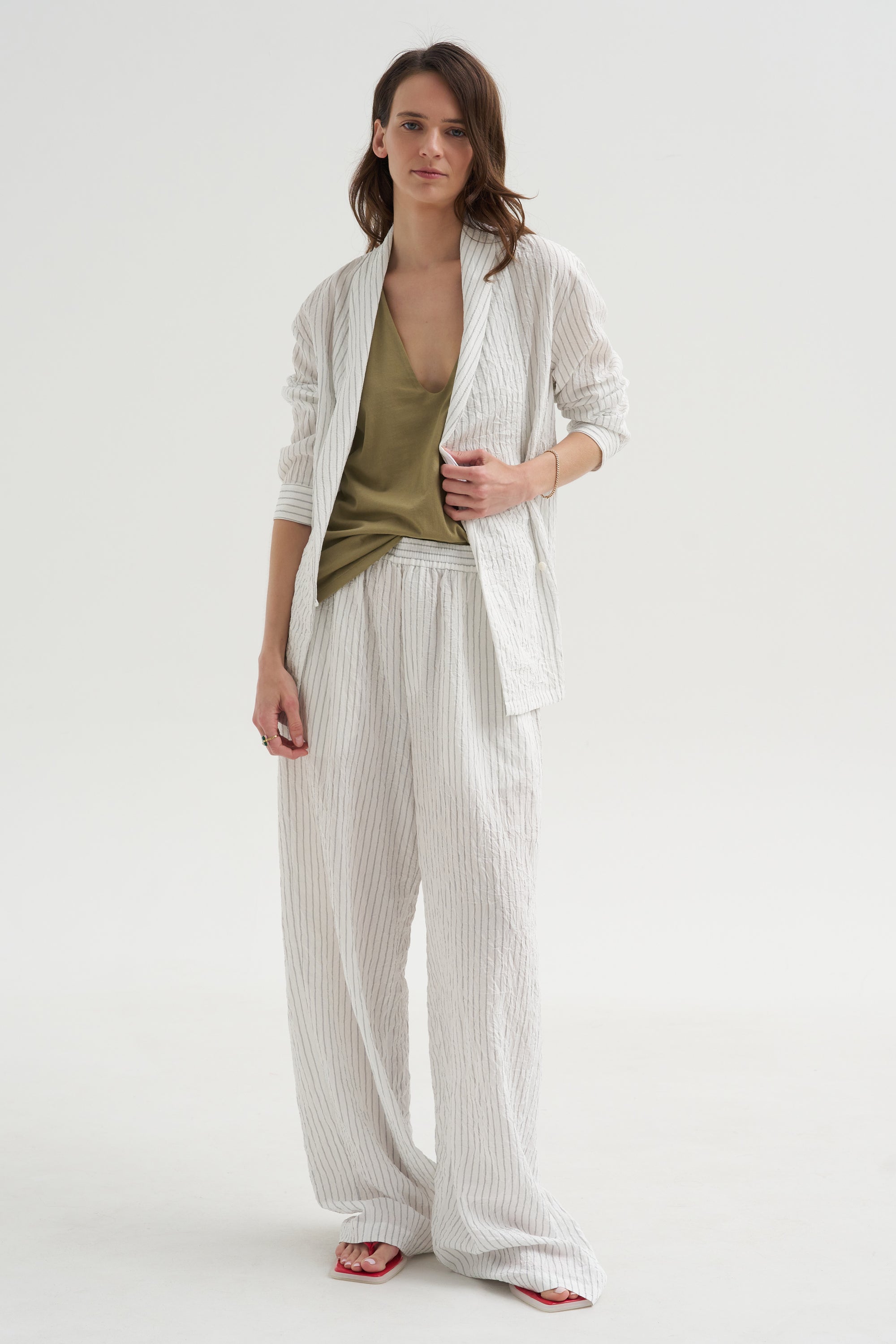 Crinkle Stripe Suiting Shawl Collar Jacket, Ivory Multi
