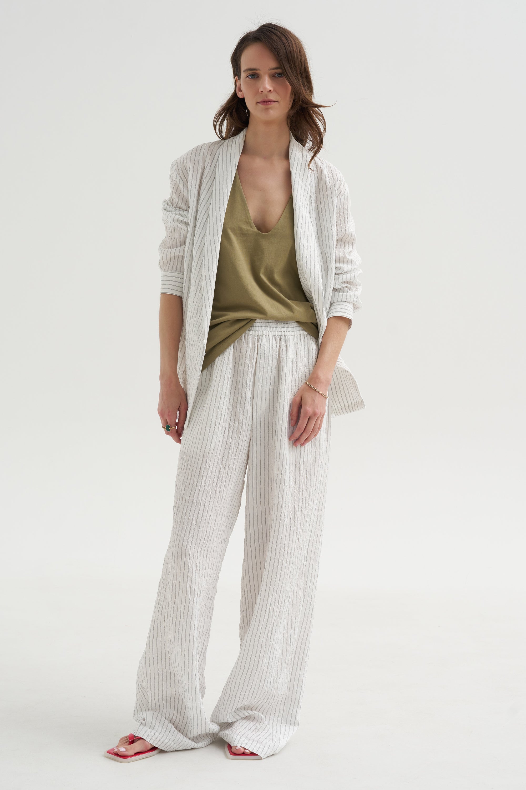Crinkle Stripe Suiting Shawl Collar Jacket, Ivory Multi