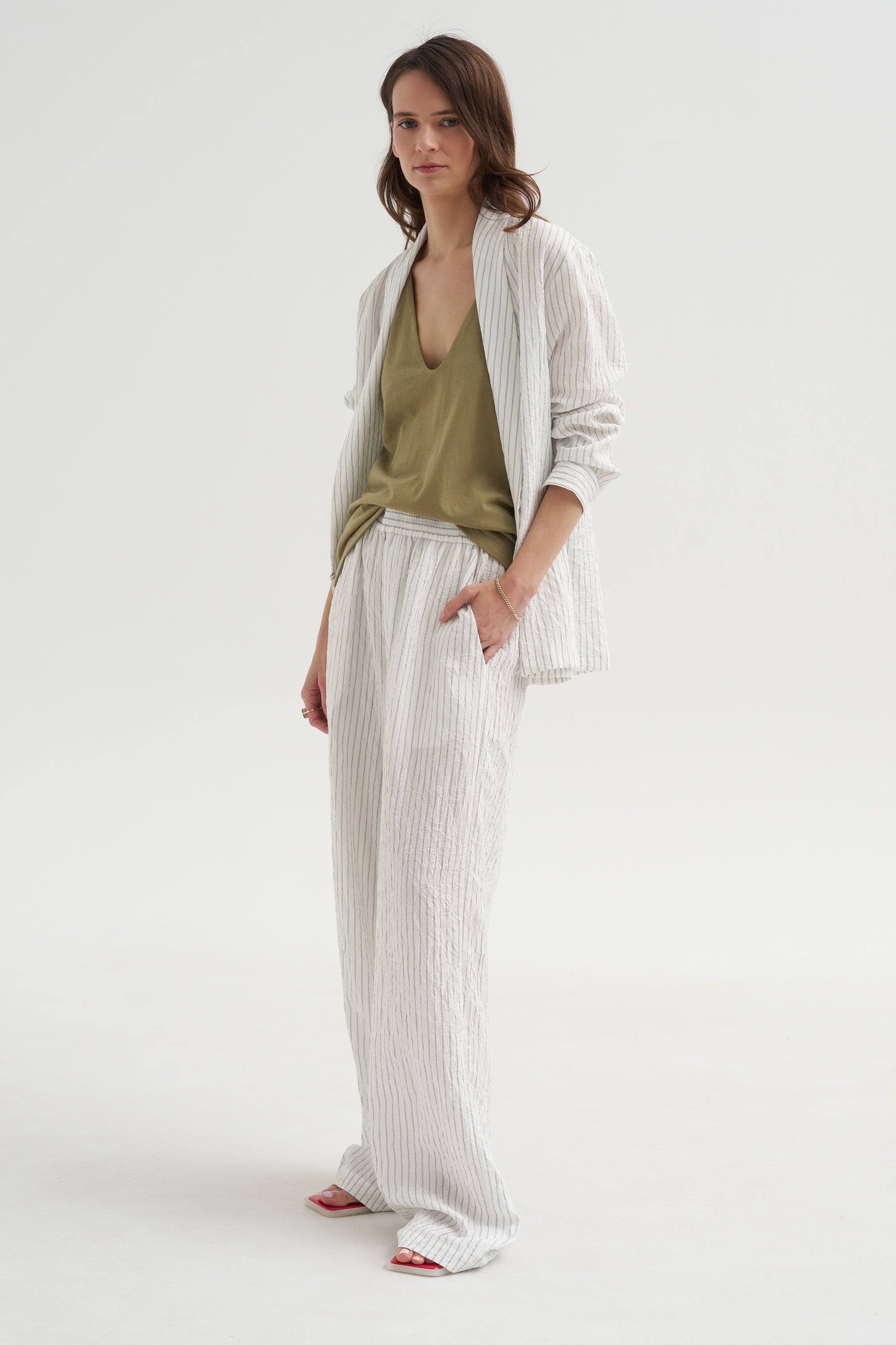 Crinkle Stripe Suiting Shawl Collar Jacket, Ivory Multi