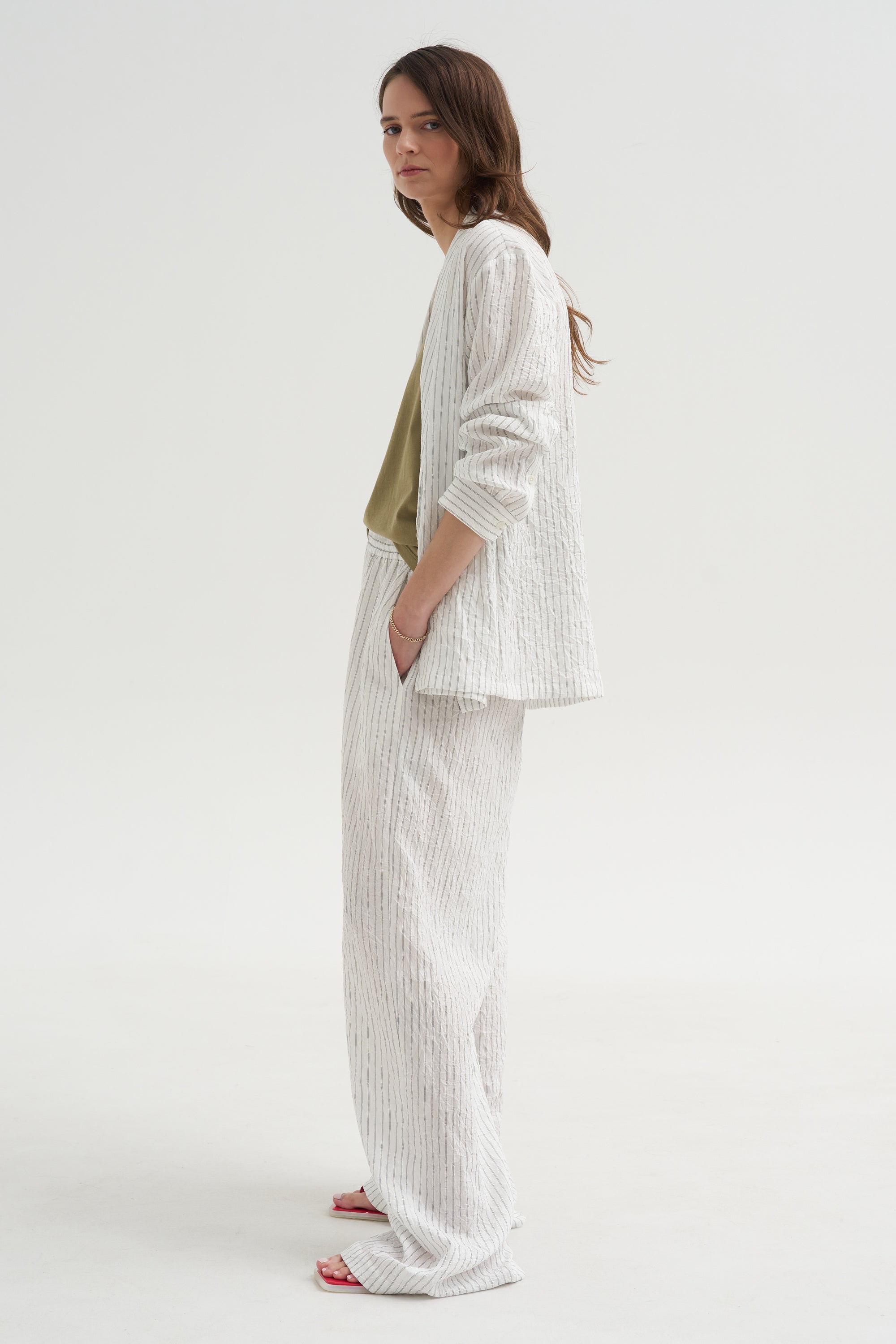 Crinkle Stripe Suiting Shawl Collar Jacket, Ivory Multi