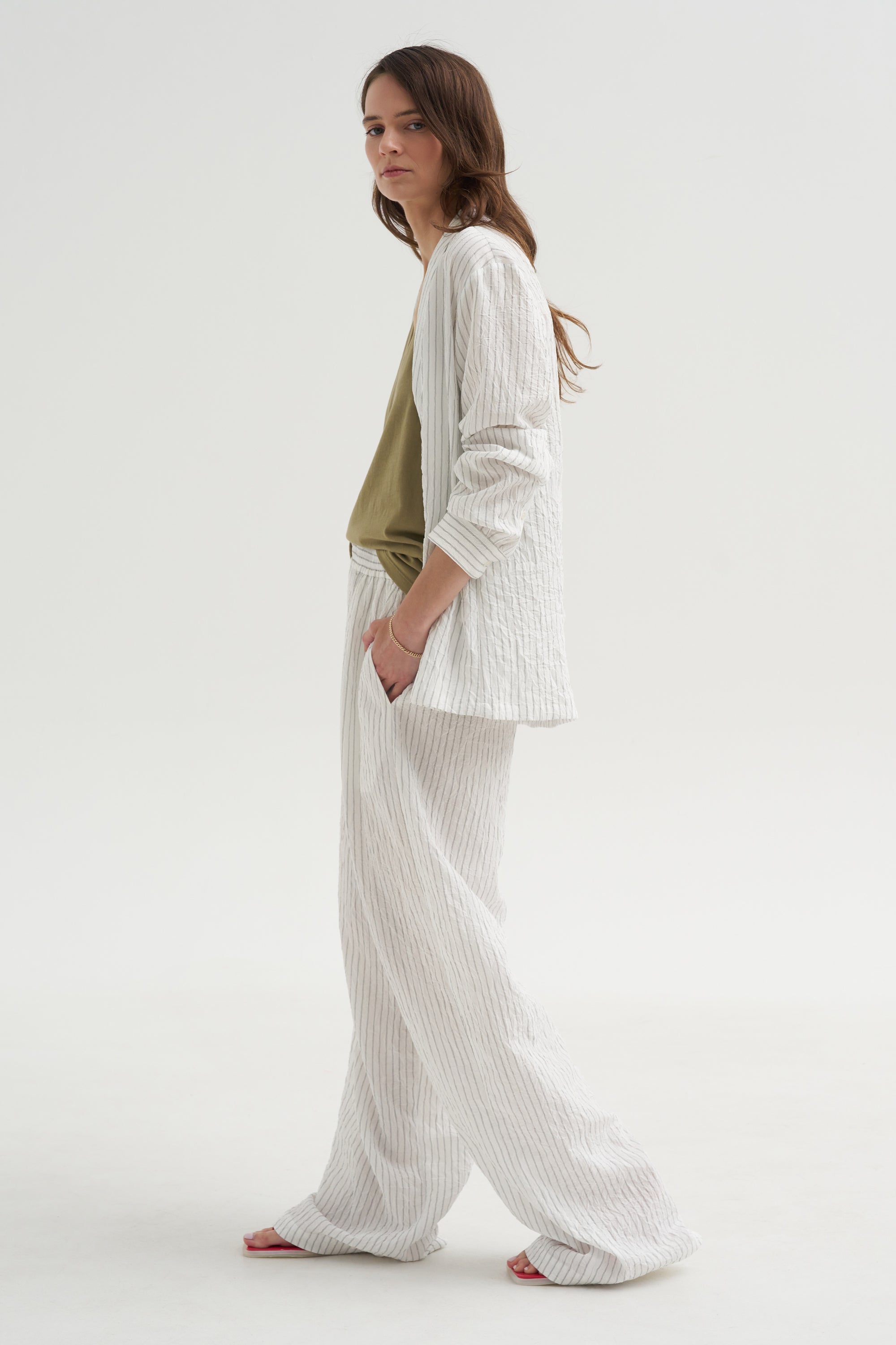 Crinkle Stripe Suiting Shawl Collar Jacket, Ivory Multi