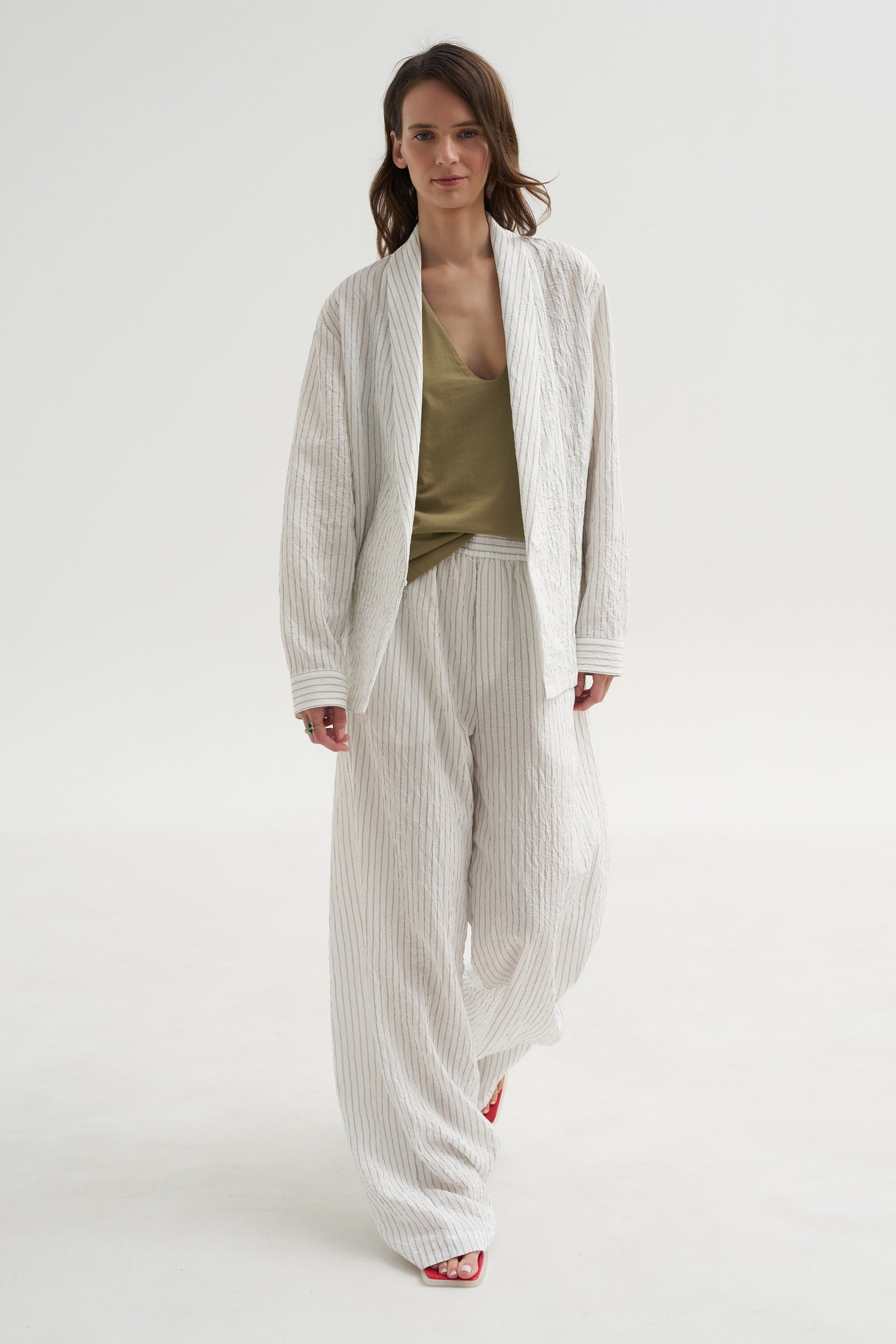 Crinkle Stripe Suiting Shawl Collar Jacket, Ivory Multi