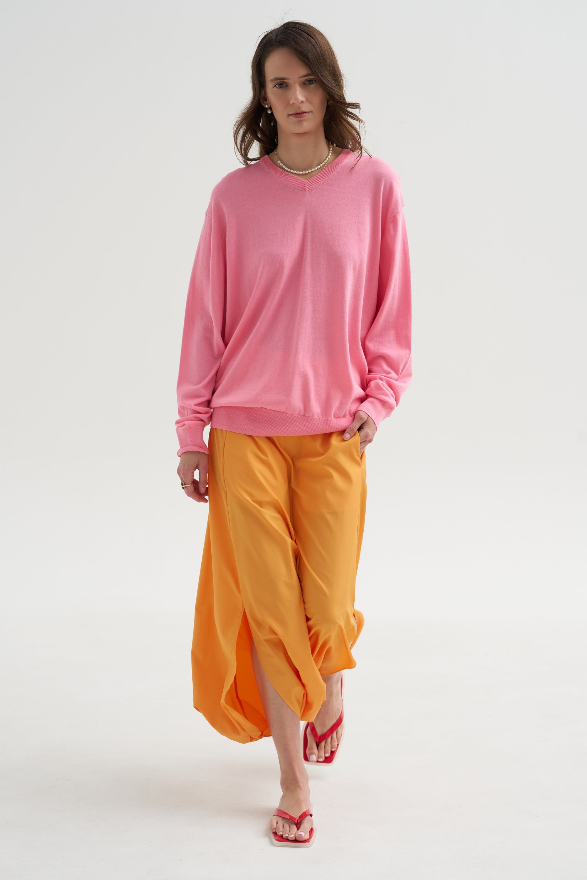 Summer Nylon Flat Front Jalouise Skirt, Orange