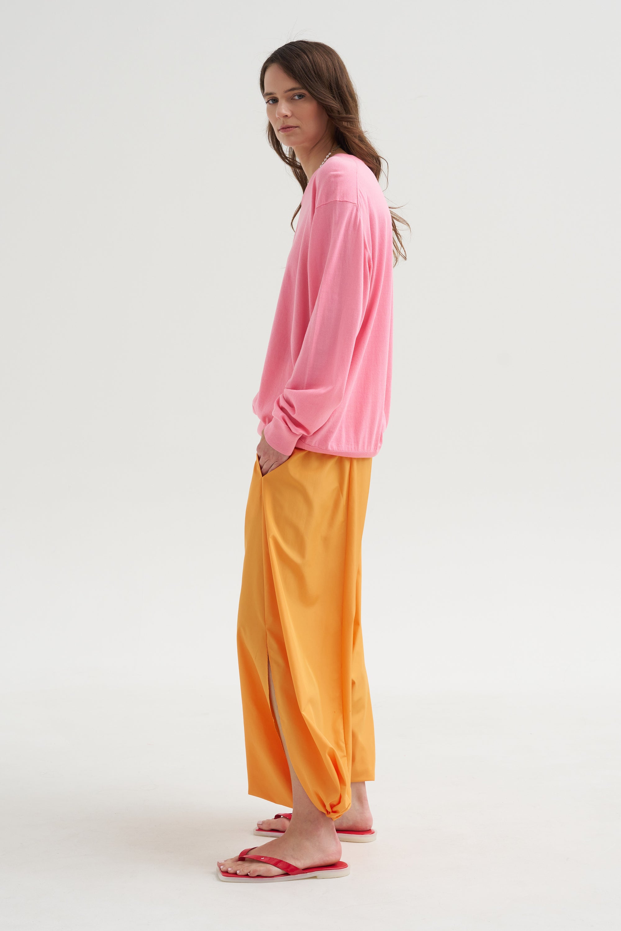 Summer Nylon Flat Front Jalouise Skirt, Orange