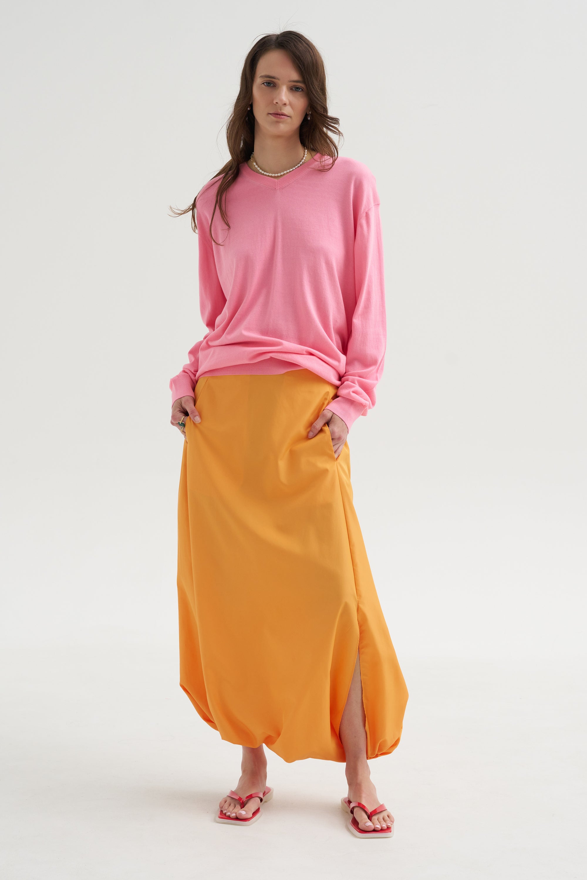 Summer Nylon Flat Front Jalouise Skirt, Orange