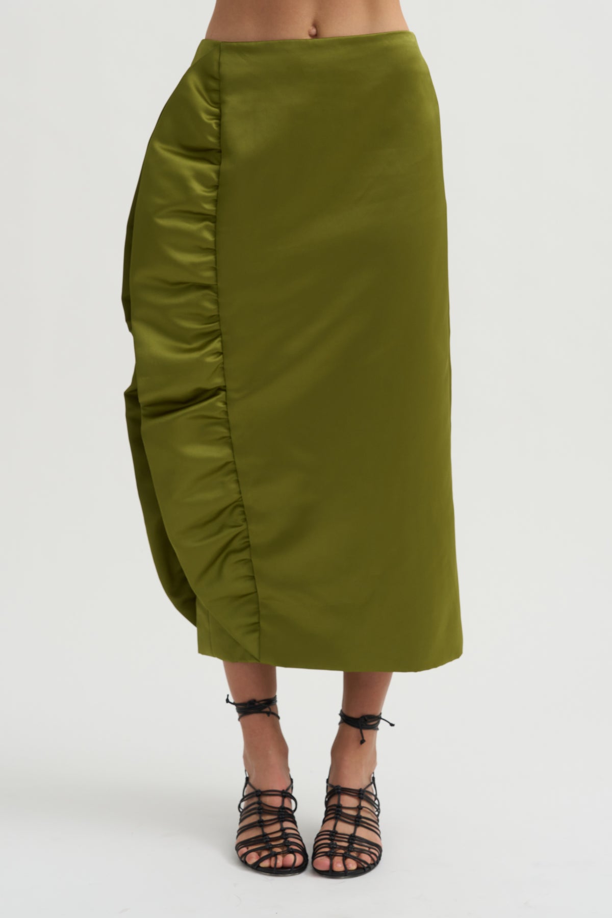 Tech Satin Side Ruffle Skirt, Ick Green