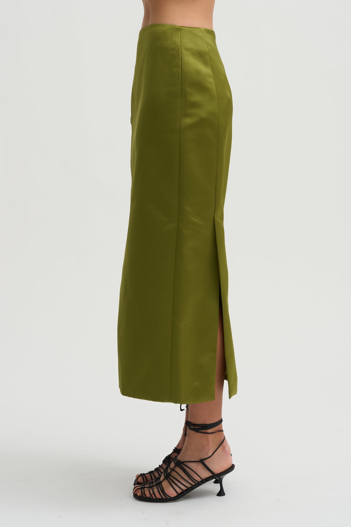 Tech Satin Side Ruffle Skirt, Ick Green