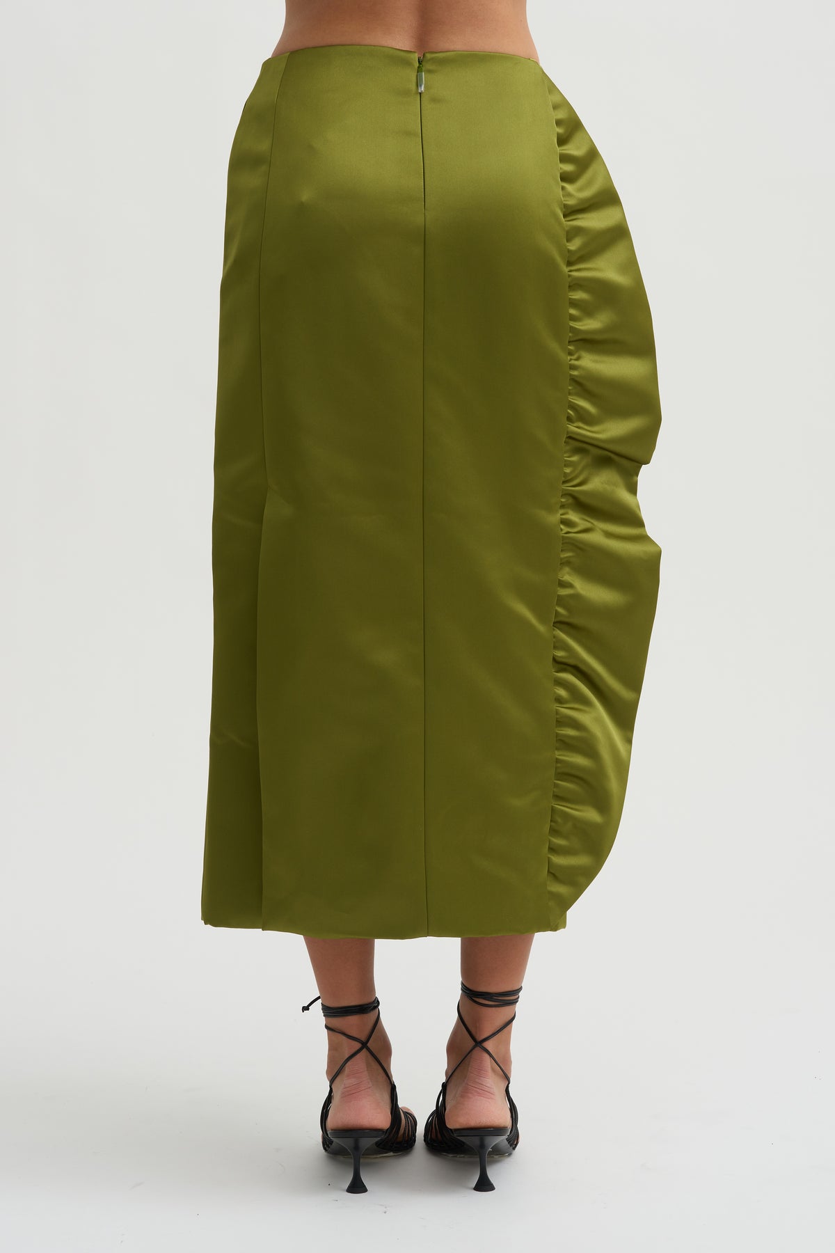Tech Satin Side Ruffle Skirt, Ick Green