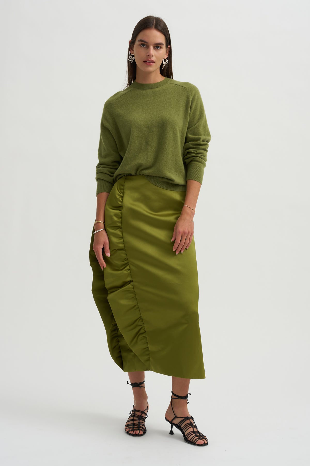Tech Satin Side Ruffle Skirt, Ick Green