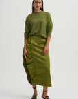 Tech Satin Side Ruffle Skirt, Ick Green