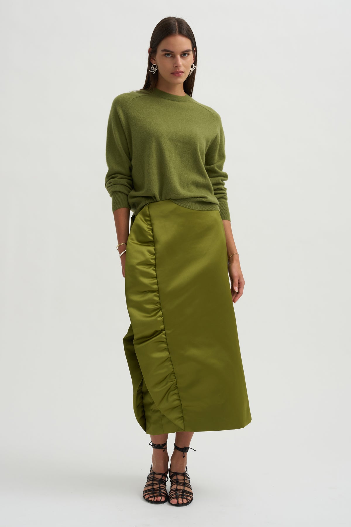 Tech Satin Side Ruffle Skirt, Ick Green