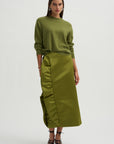 Tech Satin Side Ruffle Skirt, Ick Green