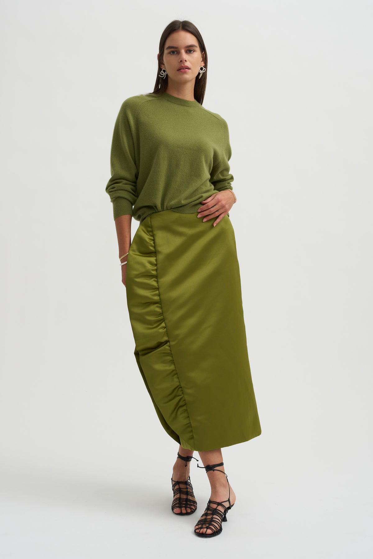 Tech Satin Side Ruffle Skirt, Ick Green