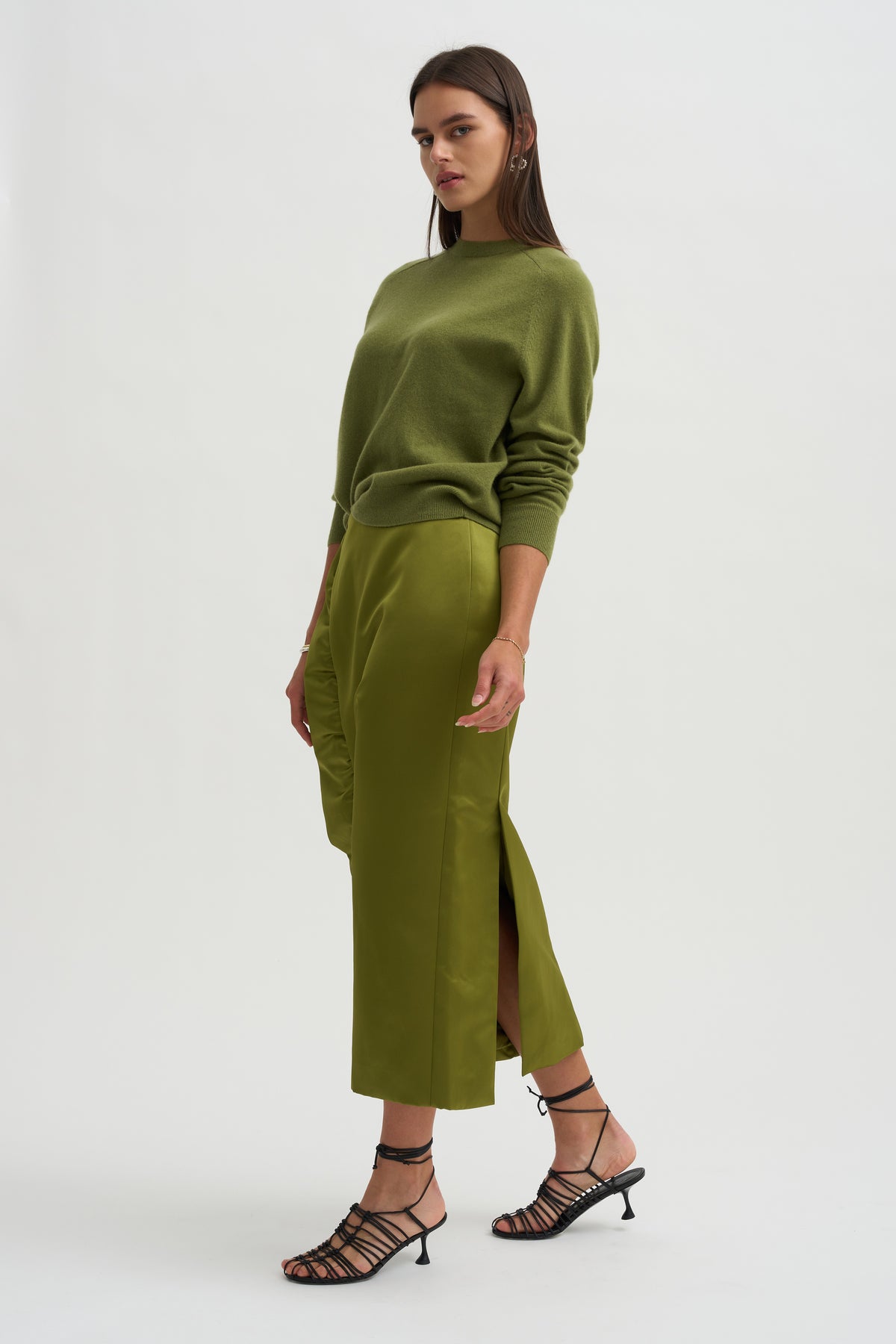 Tech Satin Side Ruffle Skirt, Ick Green