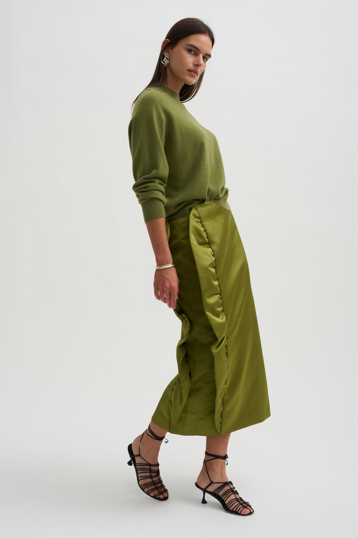 Tech Satin Side Ruffle Skirt, Ick Green