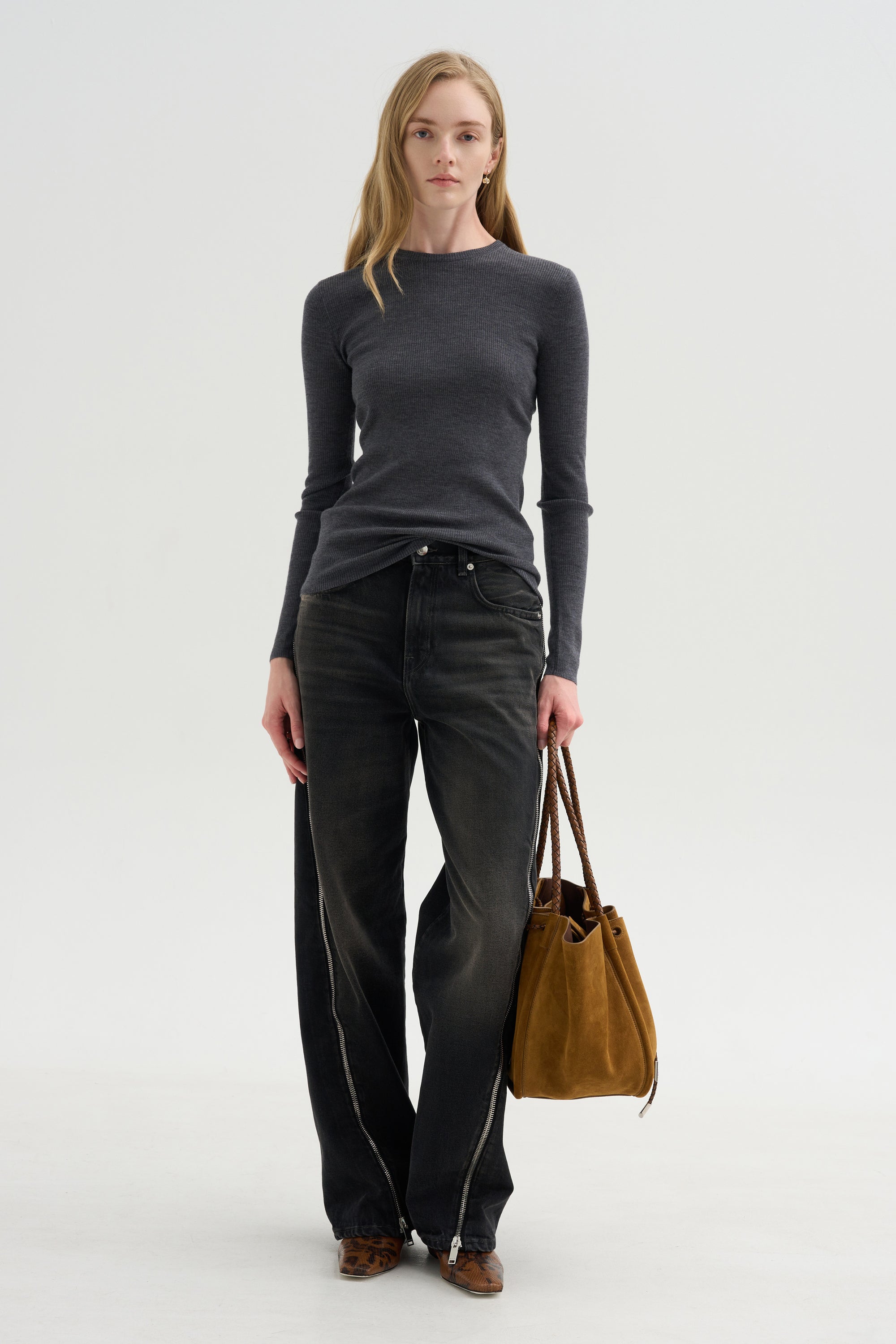 Feather Weight Ribbed Crewneck, Charcoal
