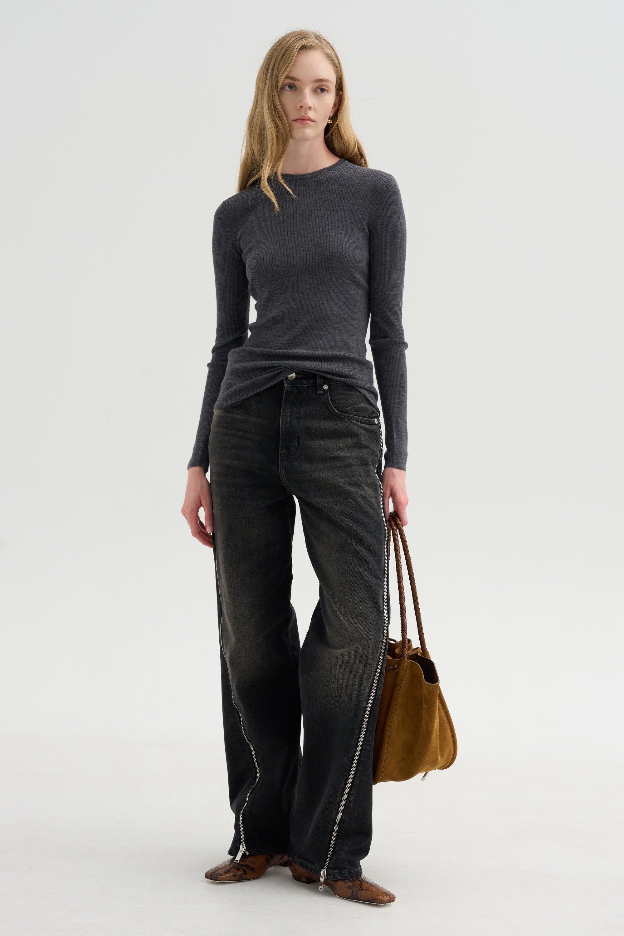 Feather Weight Ribbed Crewneck, Charcoal