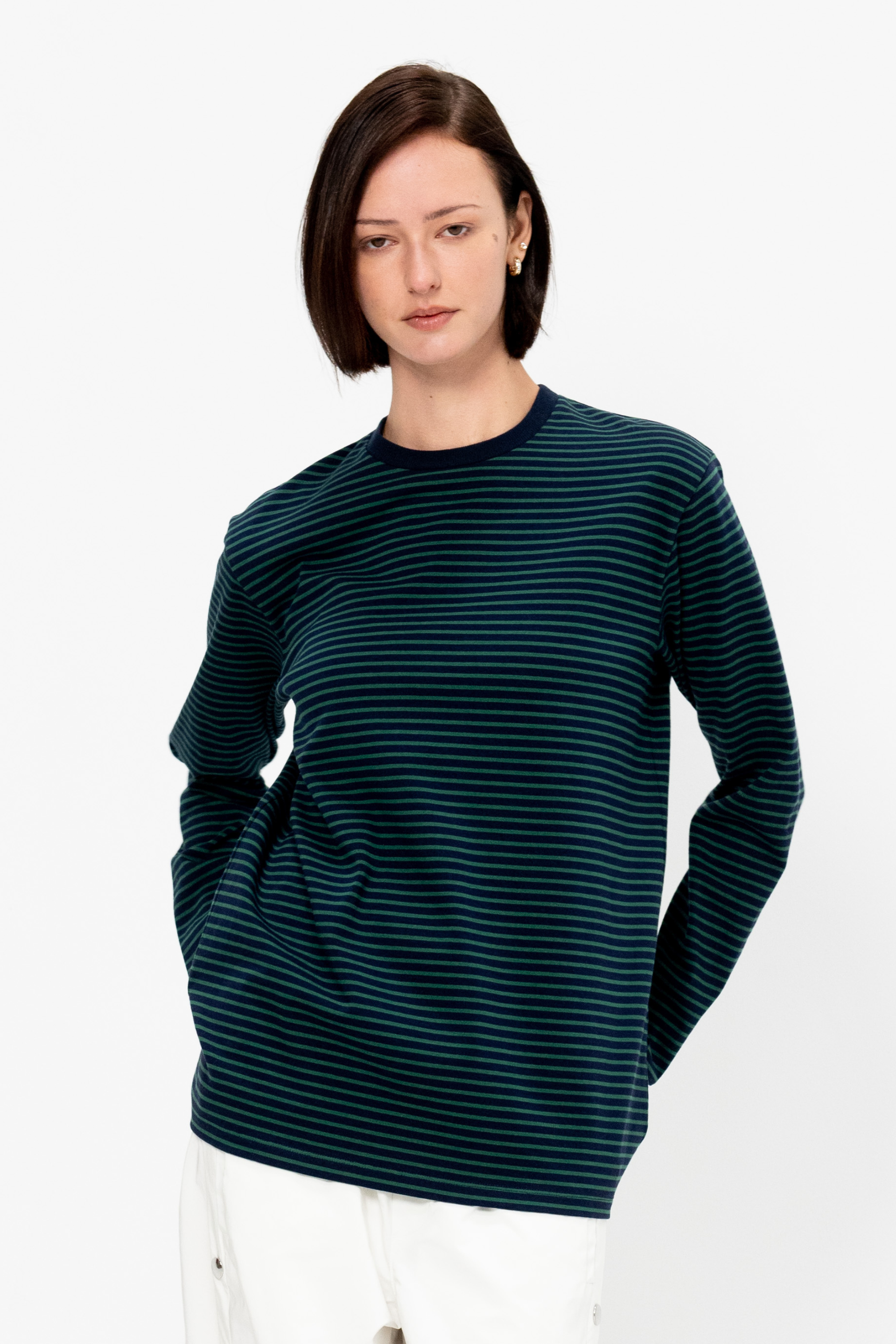 Tibi Striped Perfect Unisex Long Sleeve T-Shirt, Navy & Green