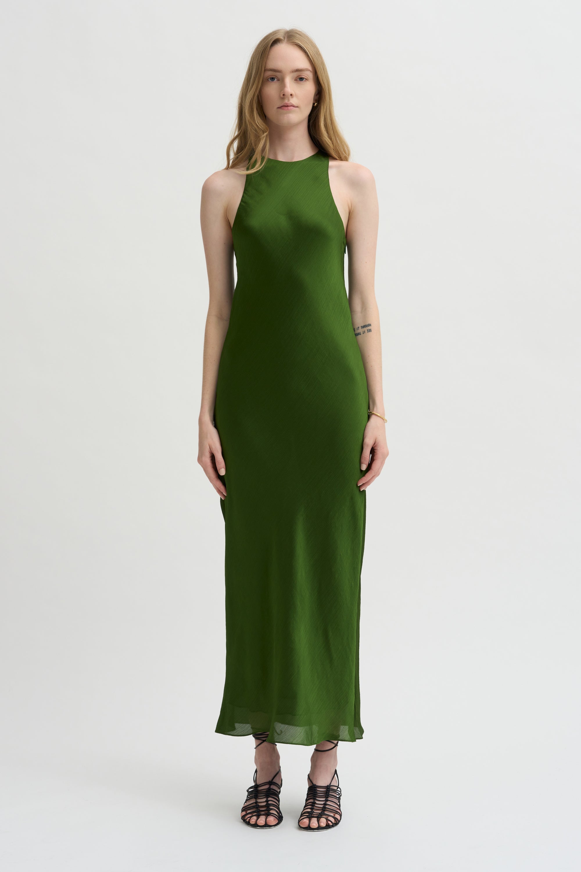 Pre-Order • Matte Satin Plisse Midi Bias Dress, Green