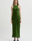 Pre-Order • Matte Satin Plisse Midi Bias Dress, Green