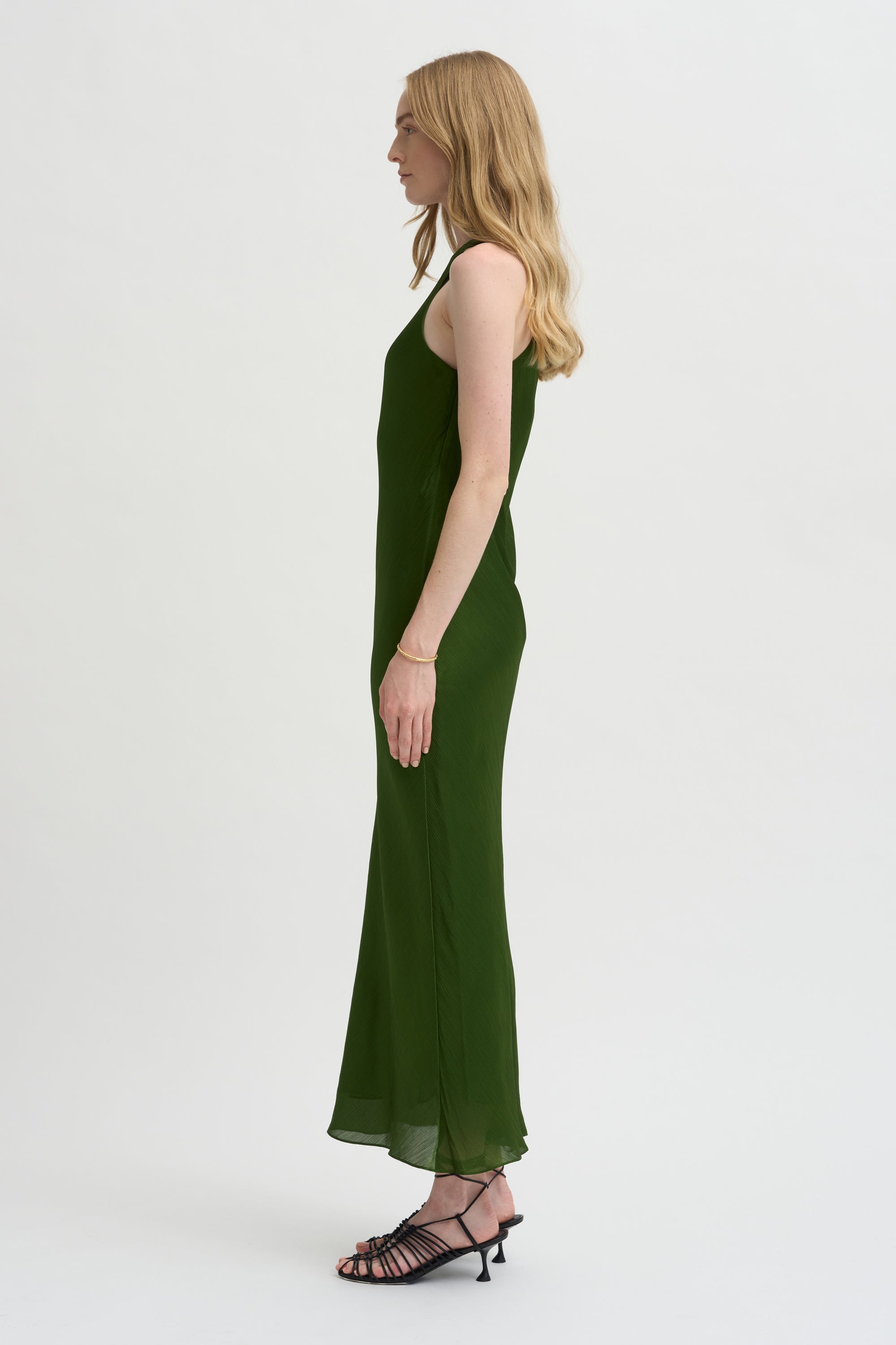 Pre-Order • Matte Satin Plisse Midi Bias Dress, Green