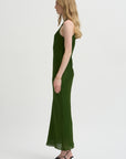 Pre-Order • Matte Satin Plisse Midi Bias Dress, Green