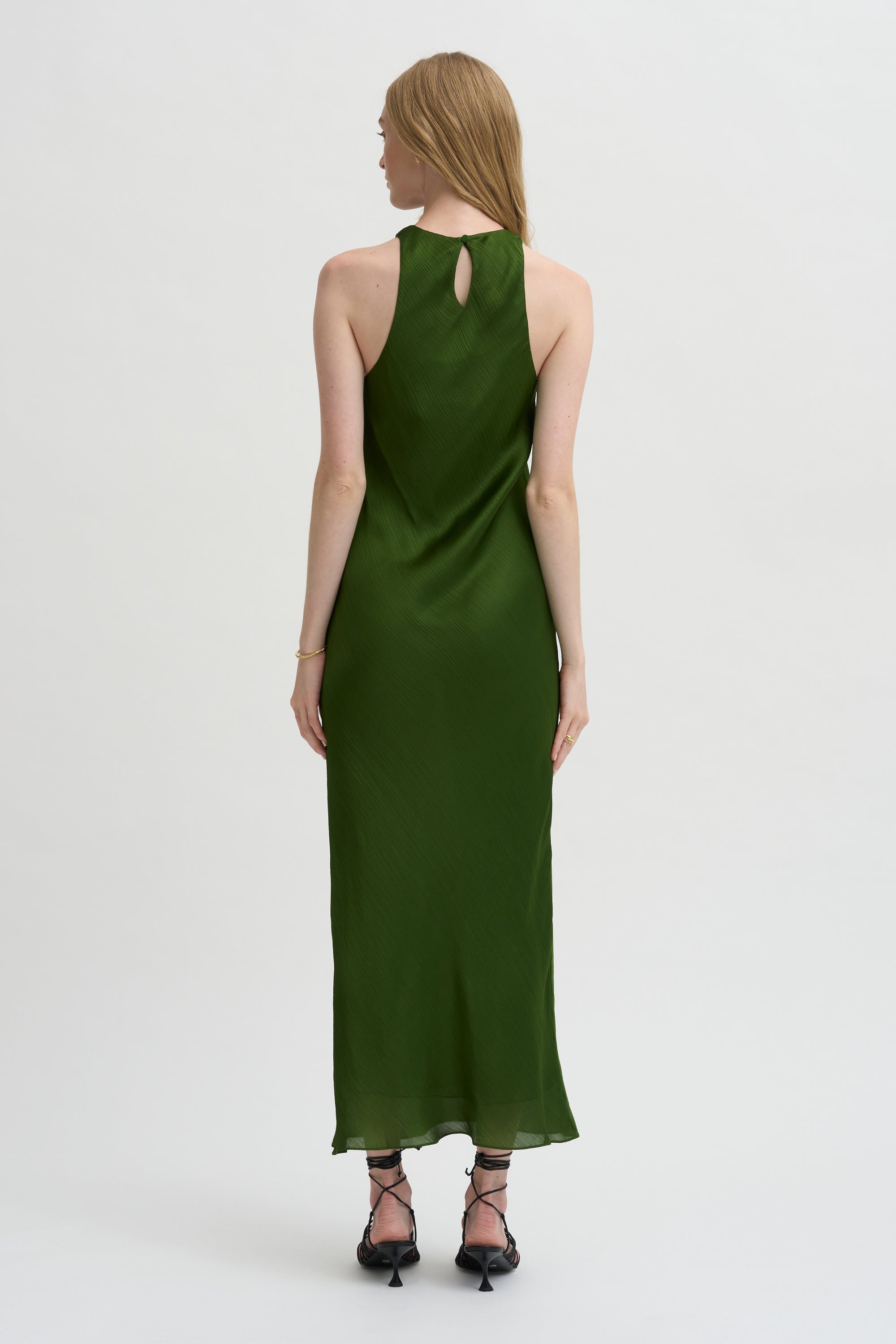 Pre-Order • Matte Satin Plisse Midi Bias Dress, Green