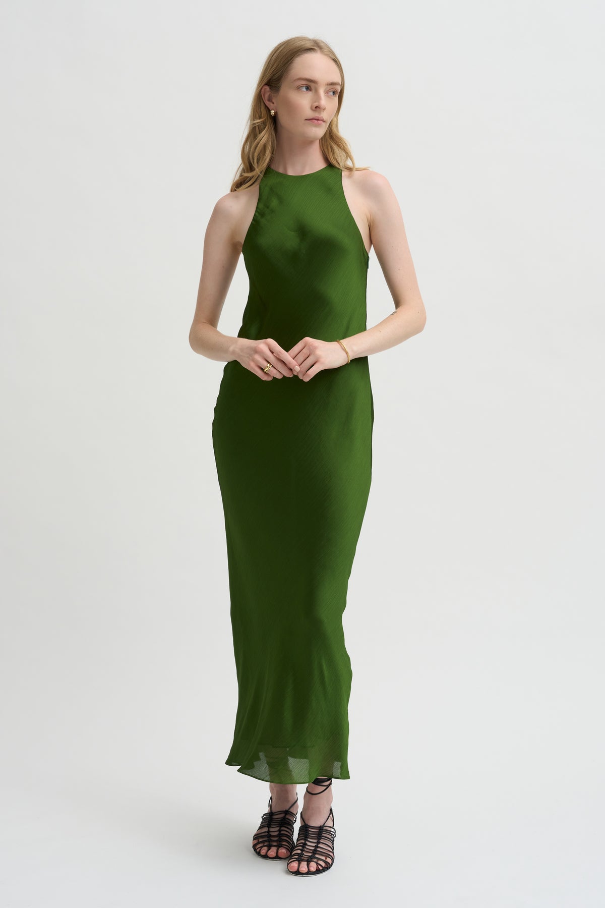 Pre-Order • Matte Satin Plisse Midi Bias Dress, Green