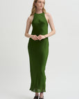 Pre-Order • Matte Satin Plisse Midi Bias Dress, Green