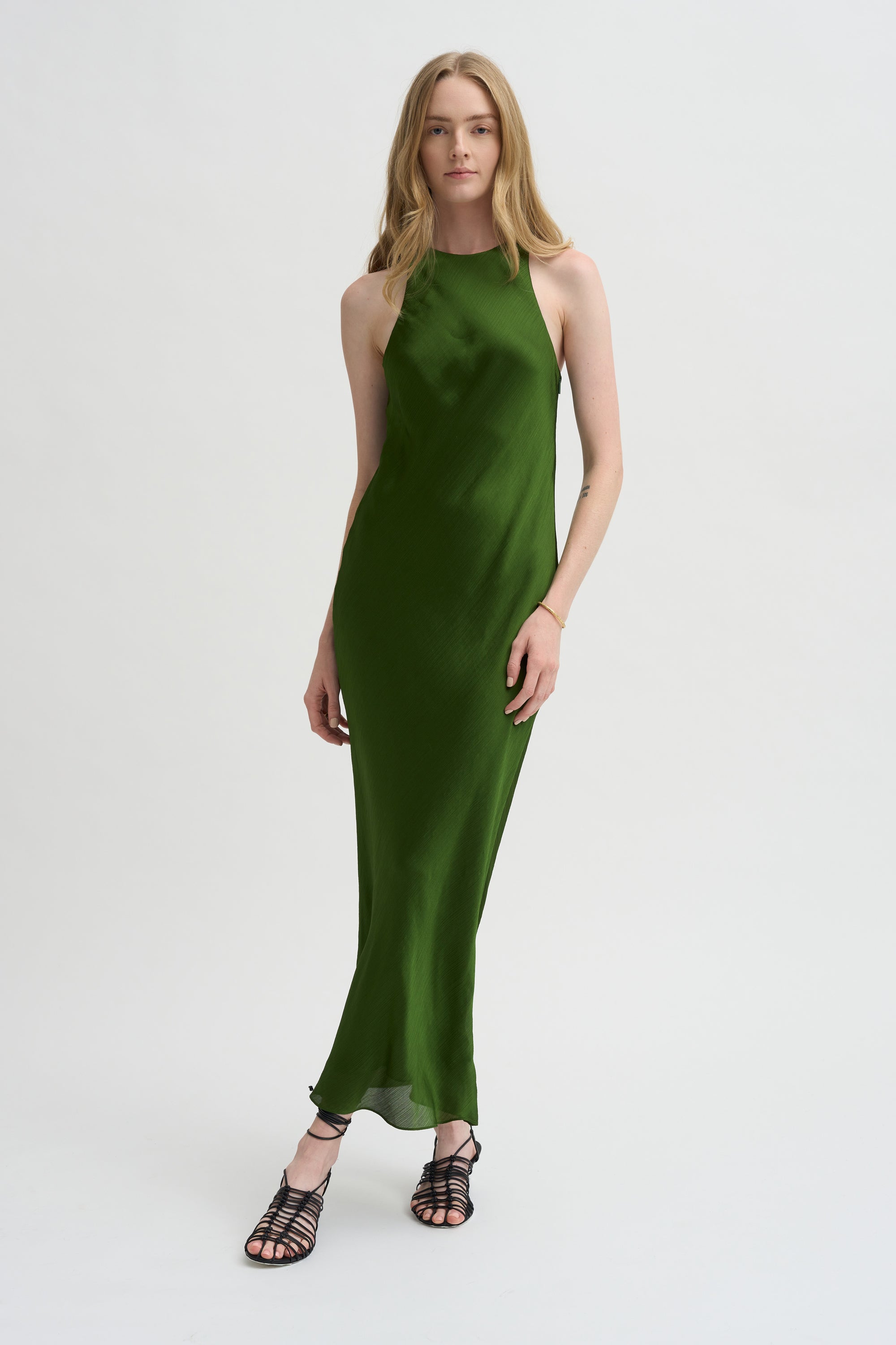 Pre-Order • Matte Satin Plisse Midi Bias Dress, Green