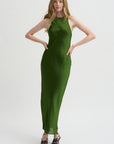 Pre-Order • Matte Satin Plisse Midi Bias Dress, Green