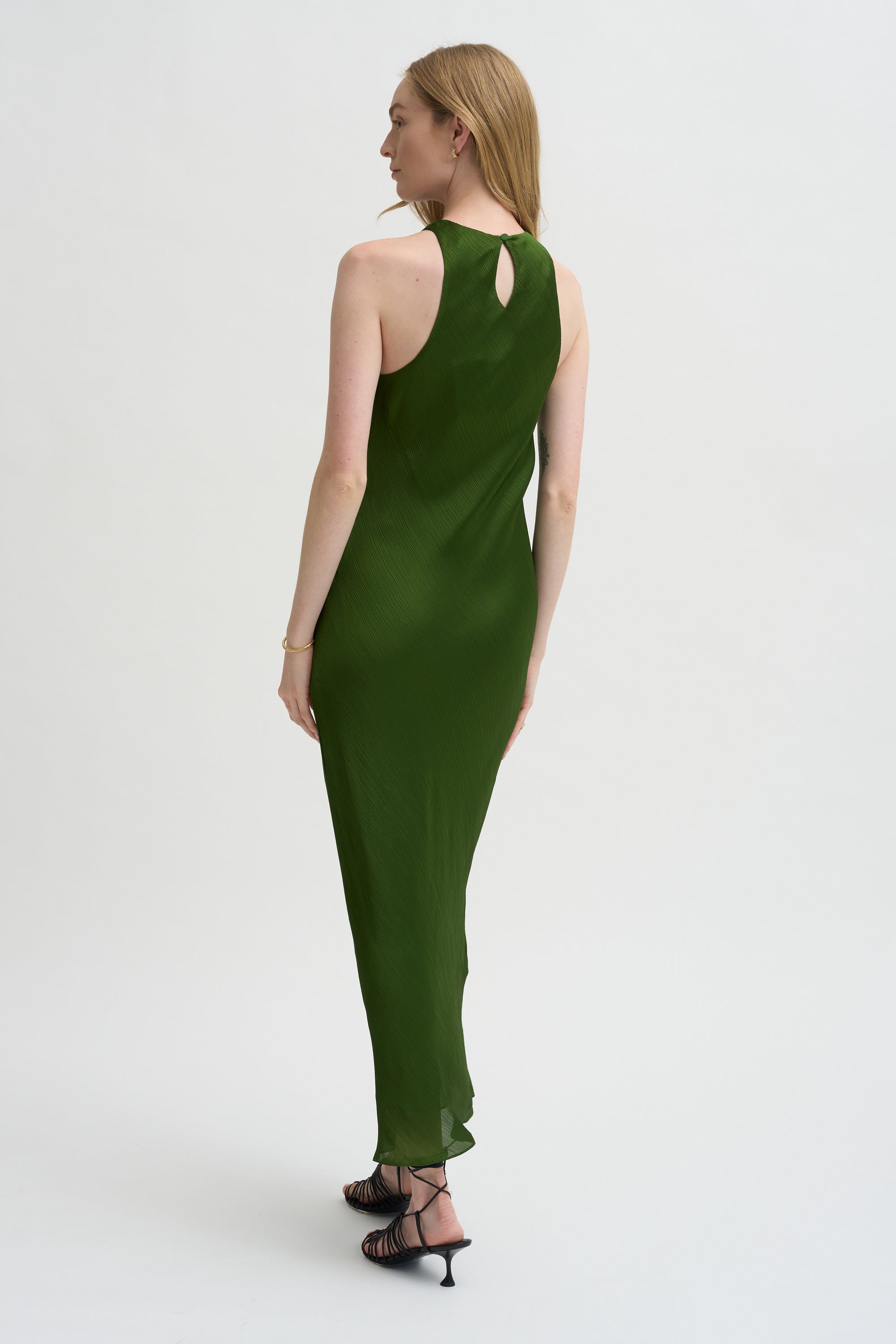 Pre-Order • Matte Satin Plisse Midi Bias Dress, Green
