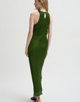 Pre-Order • Matte Satin Plisse Midi Bias Dress, Green