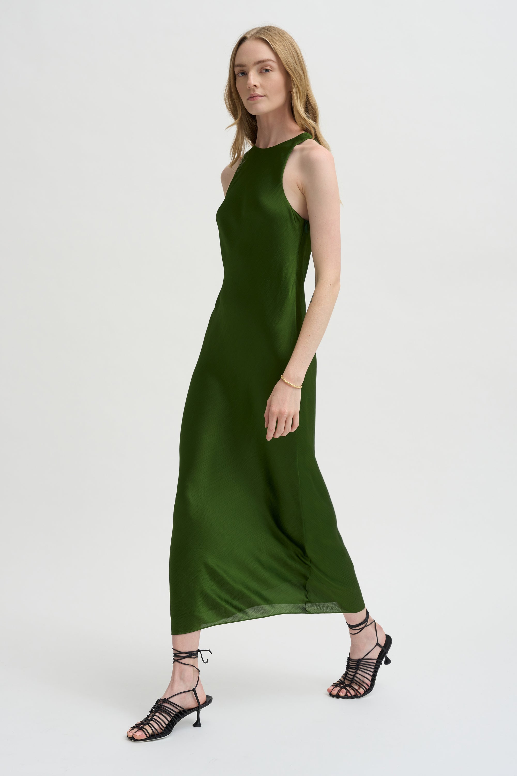 Pre-Order • Matte Satin Plisse Midi Bias Dress, Green
