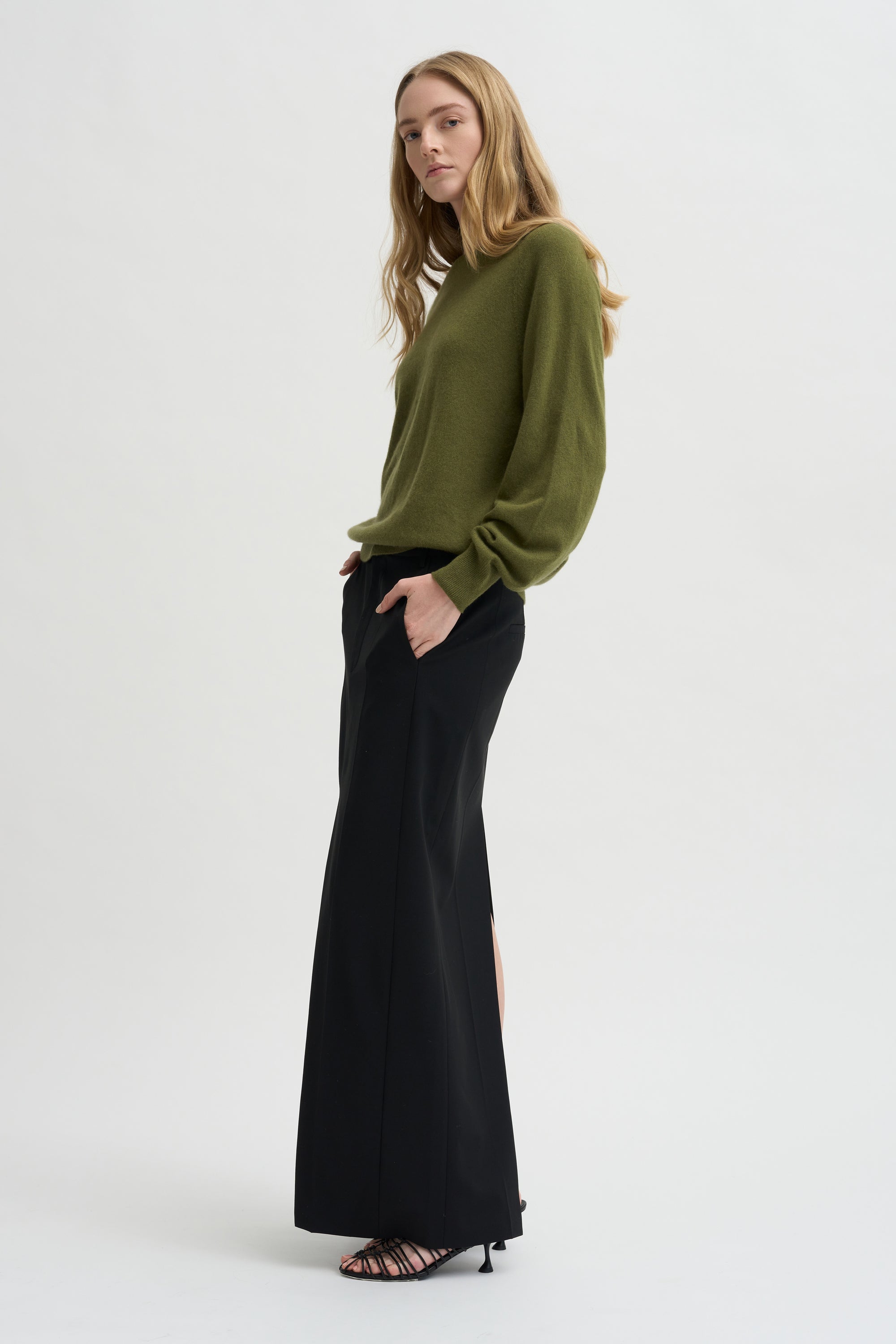Pre-Order •  Recycled Tropical Wool Double Slit Maxi Skirt, Black