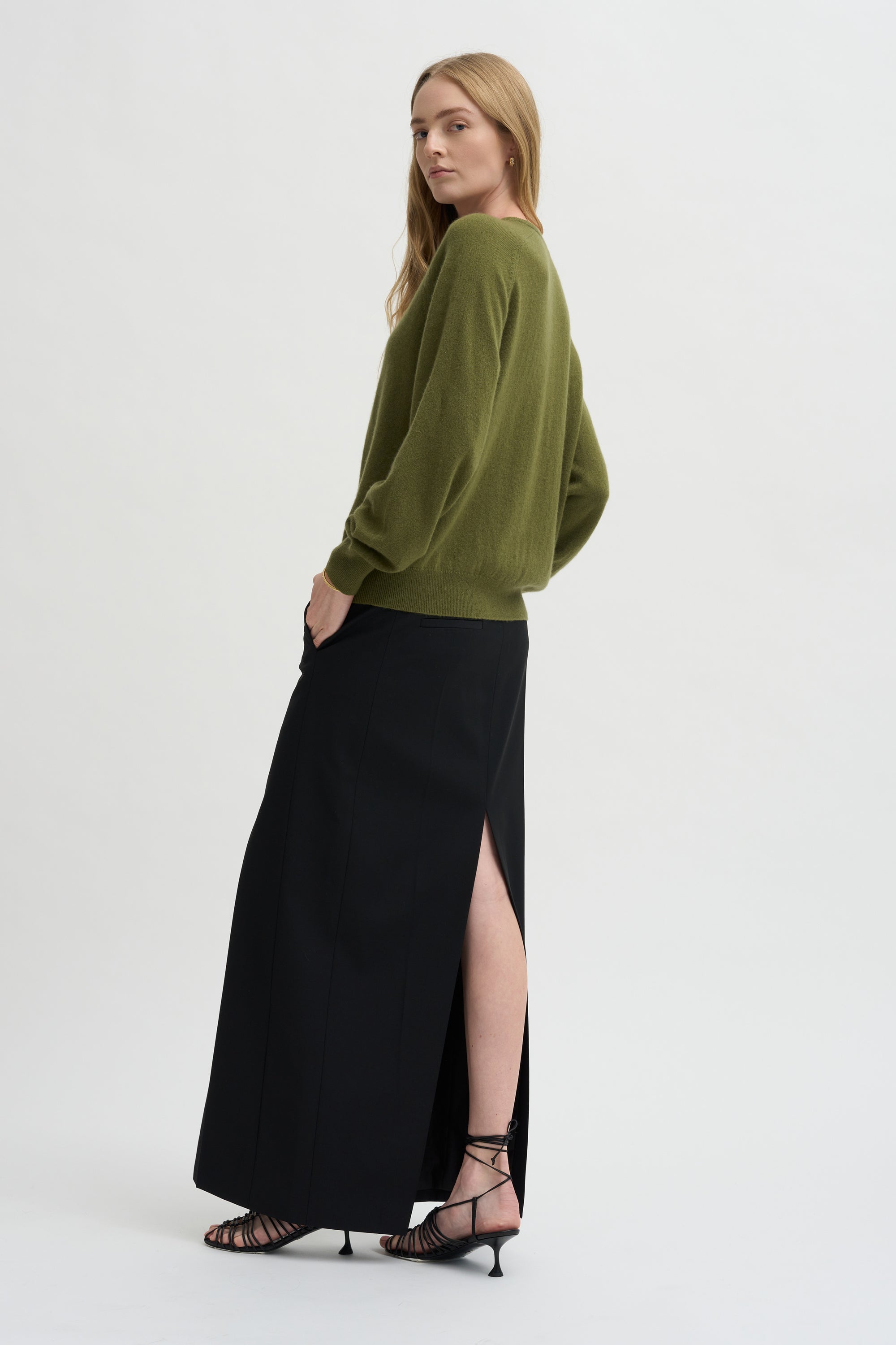 Pre-Order •  Recycled Tropical Wool Double Slit Maxi Skirt, Black
