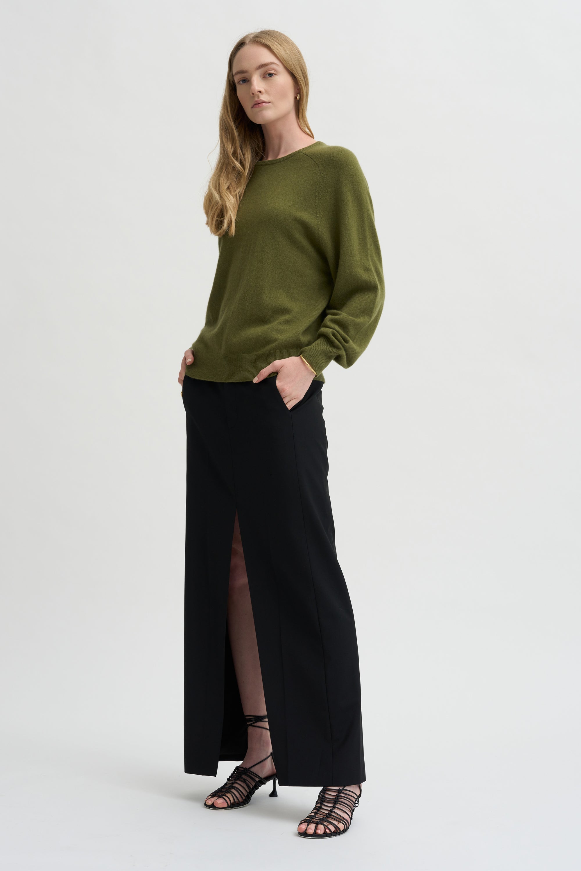 Pre-Order •  Recycled Tropical Wool Double Slit Maxi Skirt, Black