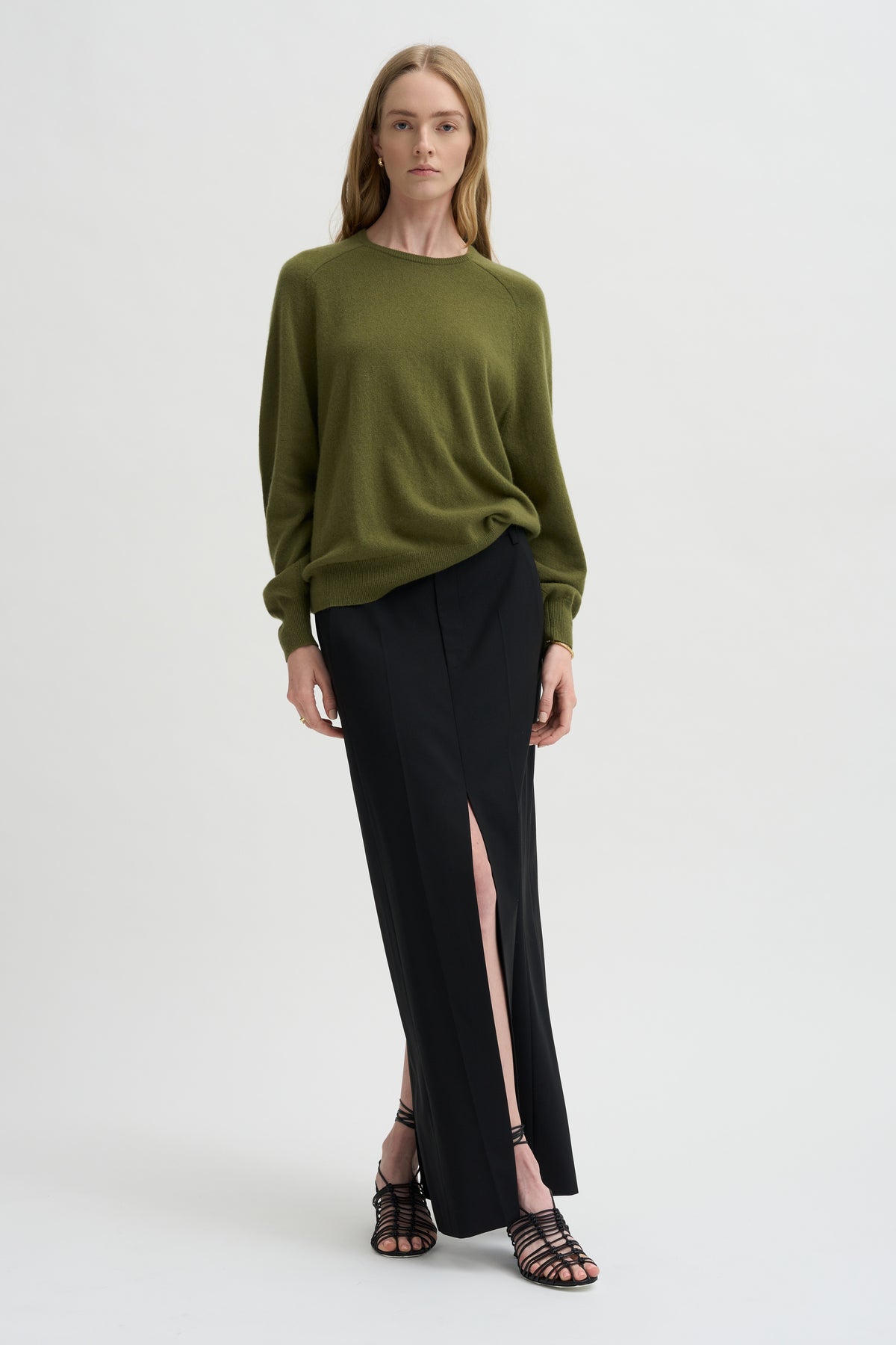 Pre-Order •  Recycled Tropical Wool Double Slit Maxi Skirt, Black