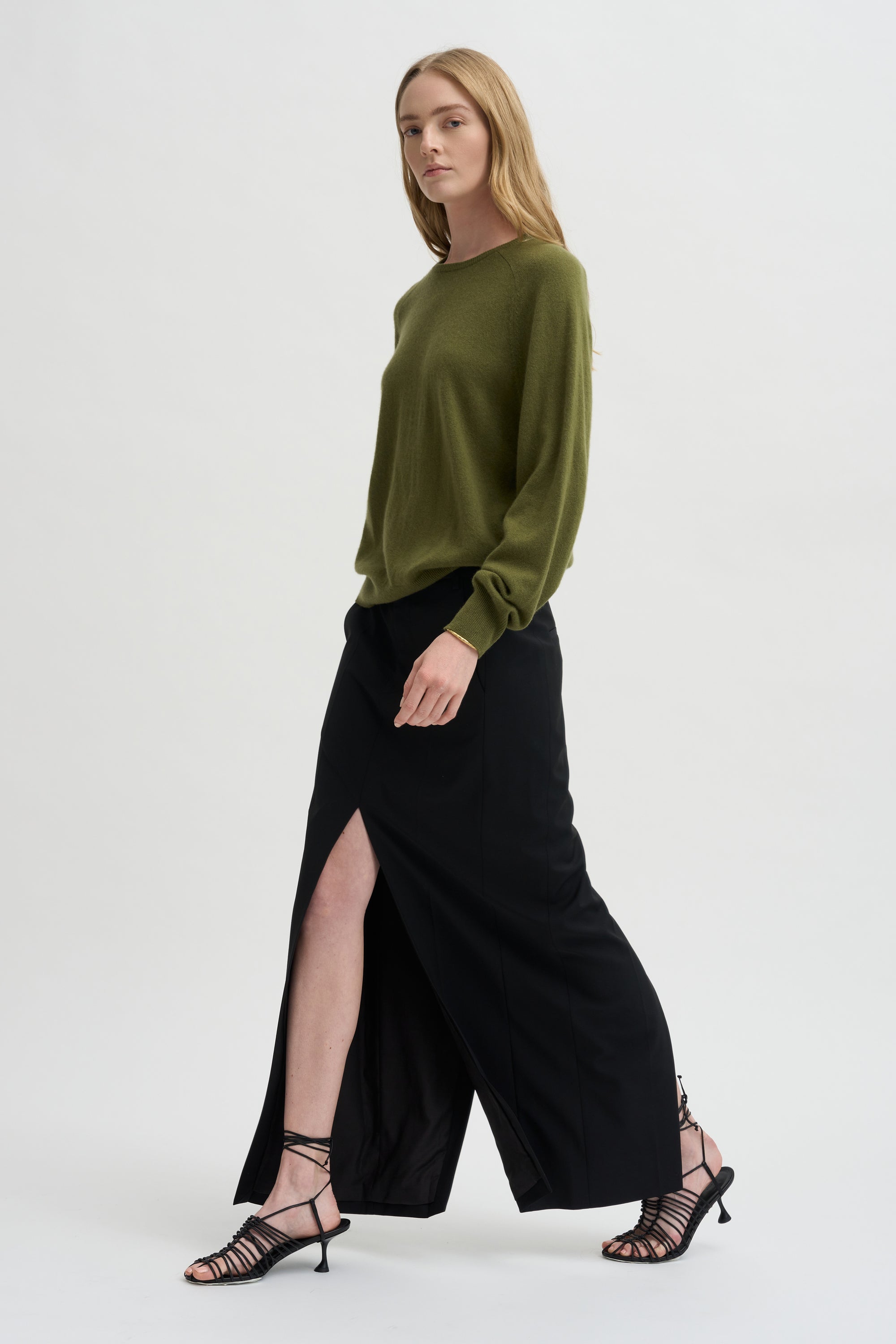 Pre-Order •  Recycled Tropical Wool Double Slit Maxi Skirt, Black